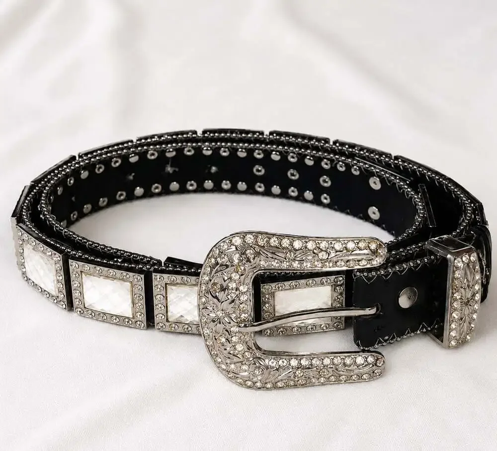 WB Atlas Western Rhinestone Bling Belt Black Leather Crystal Studded Size M